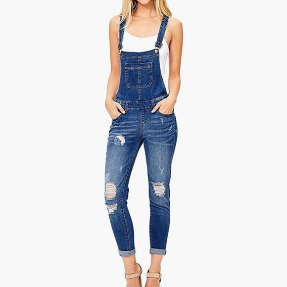 Wax Jean Pants - Wax Jeans Dark Distressed Denim Fitted Overalls